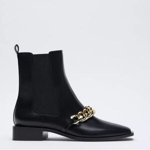 Zara Low Heel Chain Ankle Boots In Black Size 38 square toe
